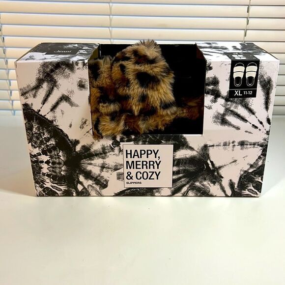 Jenni Intimates Leopard Print Fur Sandal Slippers Sz 11 - Picture 2 of 4